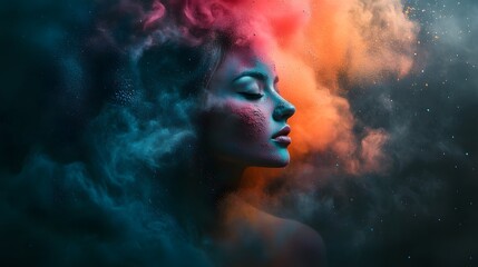Ethereal Beauty: A portrait captures a woman lost in serene contemplation, her form interwoven with swirling hues of vibrant color.