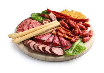 Different smoked sausages and other snacks isolated on white