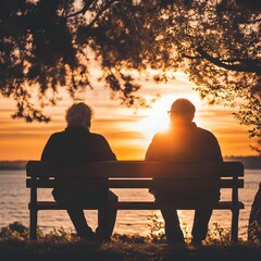 Golden Years: Silhouette of two senior individuals sitting on a bench, enjoying a breathtaking sunset over a serene lake. capturing a moment of peace and companionship.