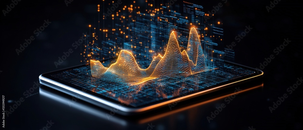 Poster A glowing three-dimensional line graph emerging from a tablet screen showcasing advanced technology in data visualization and modern information representation