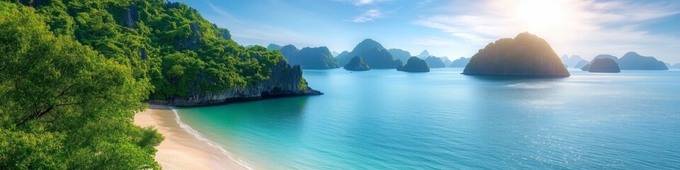 Fototapeta premium Lush islands dot a tranquil blue sea under a bright sky, with a sandy beach and rich greenery in the foreground.