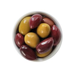 Delicious marinated olives in bowl isolated on white, top view