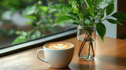 Latte art coffee cup, cafe window, plants, morning