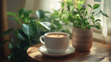 Coffee cup, plant, sunlight, window, home, morning, calm, relaxation, cozy, stock photo