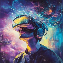 Virtual Explorer: A person immerses themselves in a vibrant virtual reality environment, experiencing a surreal digital world.