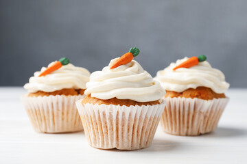 Tasty carrot muffins with cream on white wooden table, closeup