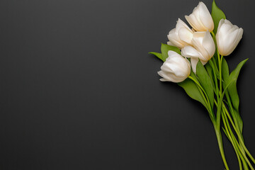 Fototapeta premium Elegant Tulips: A graceful bouquet of white tulips lies on a plain black surface, a symbol of delicate beauty and simple elegance. Capturing the serenity and visual appeal.