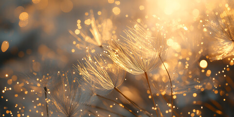 Golden Dandelion Seeds with Sparkling Bokeh