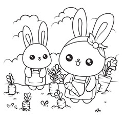 bunny 2rabbit is harvesting carrots for children's coloring book
