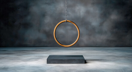 Gymnastic Ring and Platform: A striking image showcasing a lone gymnastic ring suspended mid-air above a simple platform against a minimalist backdrop, emphasizing the beauty of form and potential.