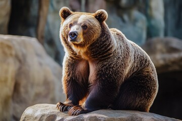 Fototapeta premium A large brown bear sits atop a rocky outcropping, its fur blending with the natural surroundings
