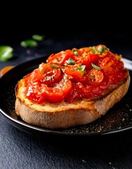 A simple yet delicious Spanish dish, featuring crusty bread topped with fresh tomatoes and a drizzle of olive oil, served on a black plate.