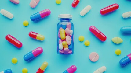 Pills in Bottle on Blue Top-down view of medicine capsules and tablets around a jar against a solid backdrop