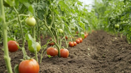 Fresh ripe tomatoes growing on a vine in a vegetable garden. Organic red tomatoes with green leaves in natural sunlight, showcasing healthy agriculture, farming, and sustainable gardening concepts.