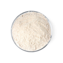 Brown rice flour in bowl isolated on white, top view