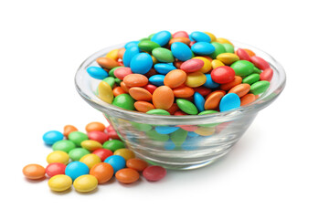 Many different tasty candies in bowl isolated on white
