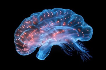X-ray digital brain with glowing neural activity,