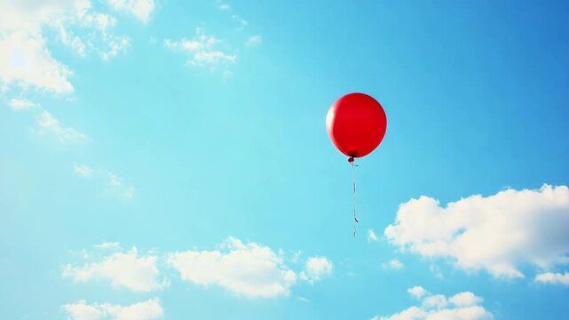 A red balloon rises peacefully into the clear blue sky filled with fluffy clouds on a sunny afternoon