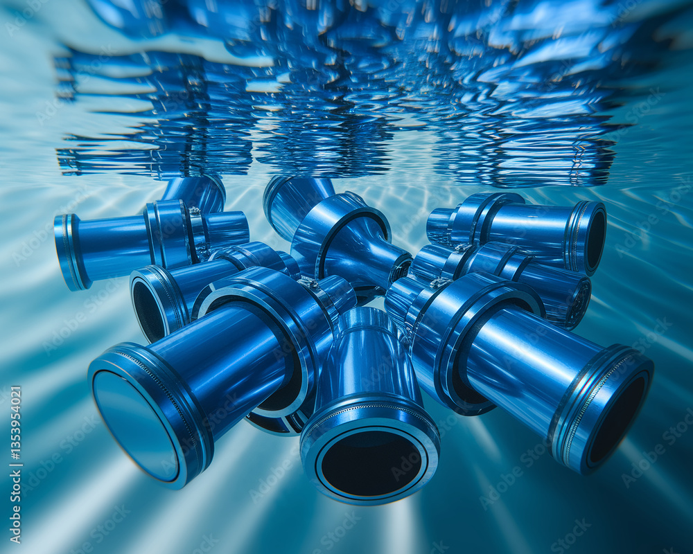 Poster underwater scene showing a cluster of metallic blue tubes, creating a complex, abstract design symbo