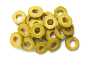 Marinated green olive rings isolated on white, top view