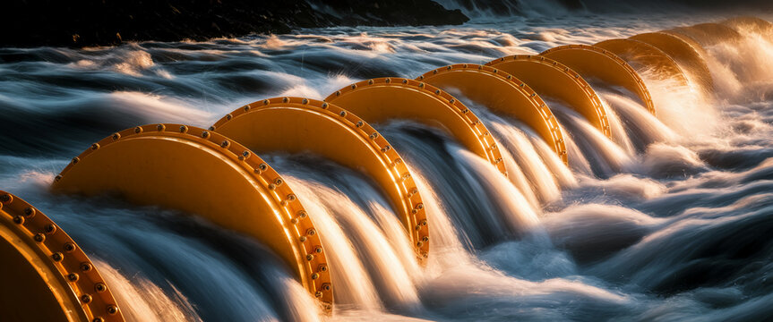 Close-up of yellow circular pipes releasing water, creating dynamic stream patterns, showcasing industrial water management or hydraulic engineering, strong visual impact