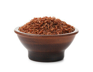 Raw brown rice in bowl isolated on white