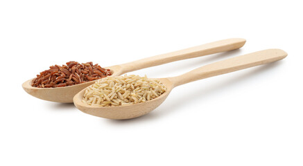 Different sorts of raw brown rice isolated on white