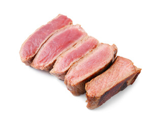 Delicious sliced beef tenderloin with different degrees of doneness isolated on white
