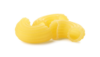 Three pieces of raw horns pasta isolated on white