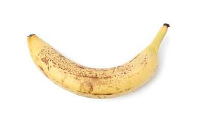 Ripe banana with dark spots isolated on white, top view
