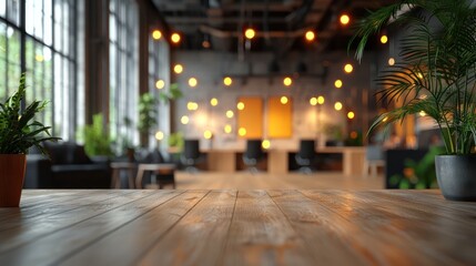 Fototapeta premium Wooden table in trendy office; blurred background; warm lighting; product display