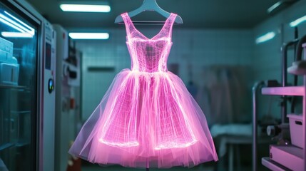 Obraz premium Neon Pink Dress Illuminated with Bright Light Effects and Shimmer