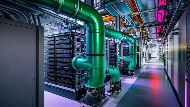 A data center interior with rows of servers. Large green cooling pipes run overhead, with a variety of cables and conduits visible.