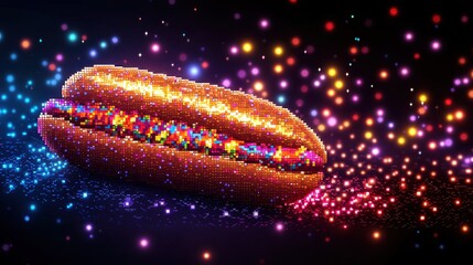 A vibrant pixel art masterpiece, a nostalgic throwback to the golden age of video games, featuring a classic 8-bit hot dog adorned with a symphony of muted colors. Adjacent to this digital pixel 