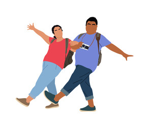 Funny couple tourist Characters, man and woman in summer clothes with camera and backpacks. Concept for Travel and vacation. Cartoon People Vector Illustration isolated