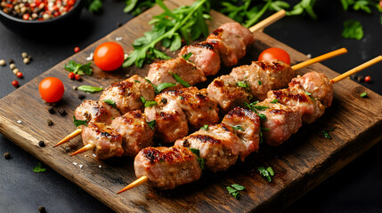 Kebabs from pork on skewers on wooden board