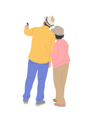 Senior couple tourist Characters, man and woman in summer clothes with hats standing rear view. Concept for Travel and vacation. Cartoon People Vector Illustration isolated