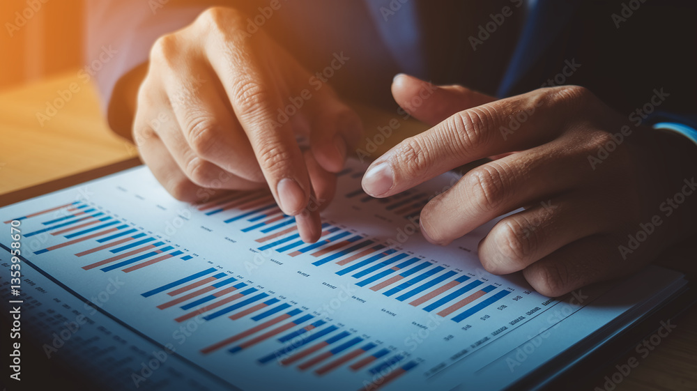 Poster close-up of hands analyzing bar charts on a document, illustrating business analysis and data review