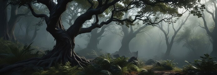 Dark forest with exotic leaves and twisted tree branches , branches, dark