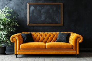 Luxurious mustard colored velvet chesterfield sofa against a dark wall