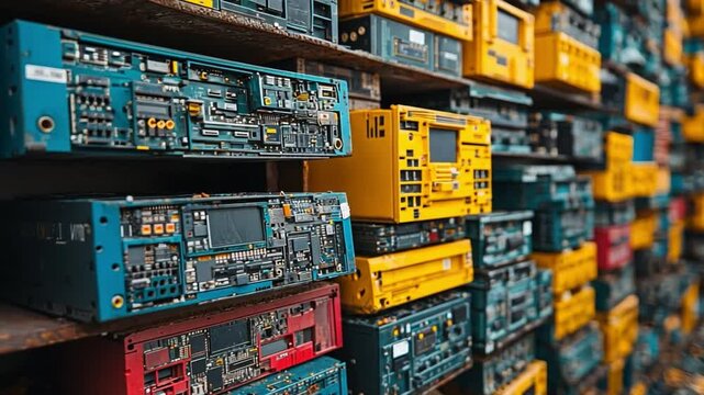Electronic Components Assemblage: A captivating shot revealing a vast array of assembled electronic components, showcasing intricate circuit boards in vivid color and industrial design.