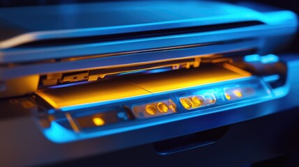 Obraz premium Close-up of a laptop screen with blue light on, suitable for tech and digital themes