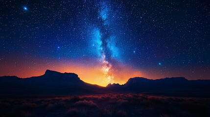 Naklejka premium Majestic Milky Way galaxy rising over a dramatic desert landscape at sunset.