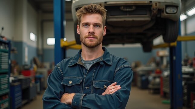 Young mechanic stands confidently in an auto repair shop during busy work hours