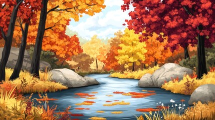 Serene autumn river landscape with vibrant foliage and tranquil water flow