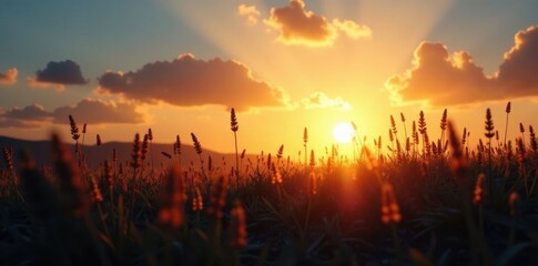 Dark grass silhouettes against a bright sun, landscape, silhouette