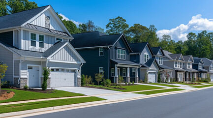 Naklejka premium Upscale Suburban Neighborhood with Single-Family Homes on a Sunny Day