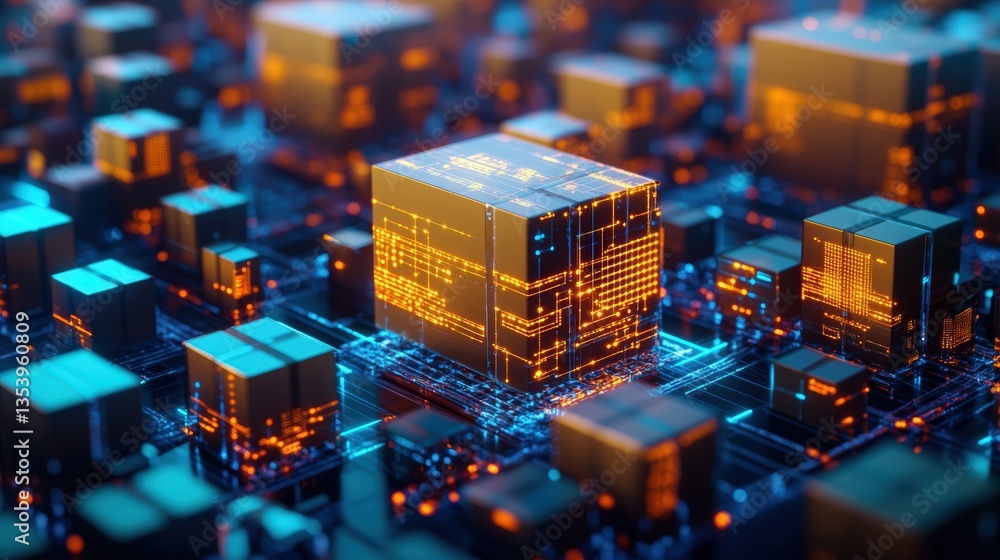 Poster a glowing orange cube cpu in a complex network of intricate circuit pathways highlighting modern tec