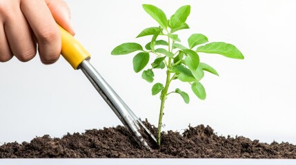 Hand planting a small green plant in rich soil with a clean background for gardening purposes