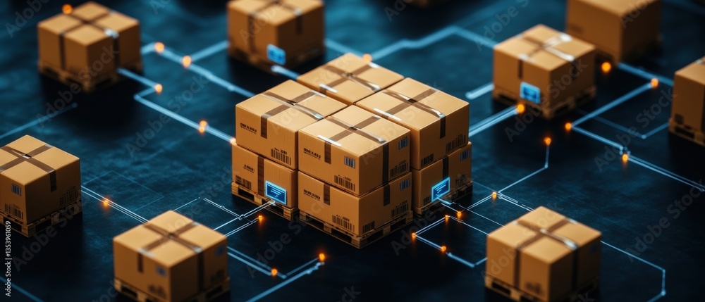 Poster digital illustration showcasing interconnected cardboard boxes on a circuit board to represent suppl